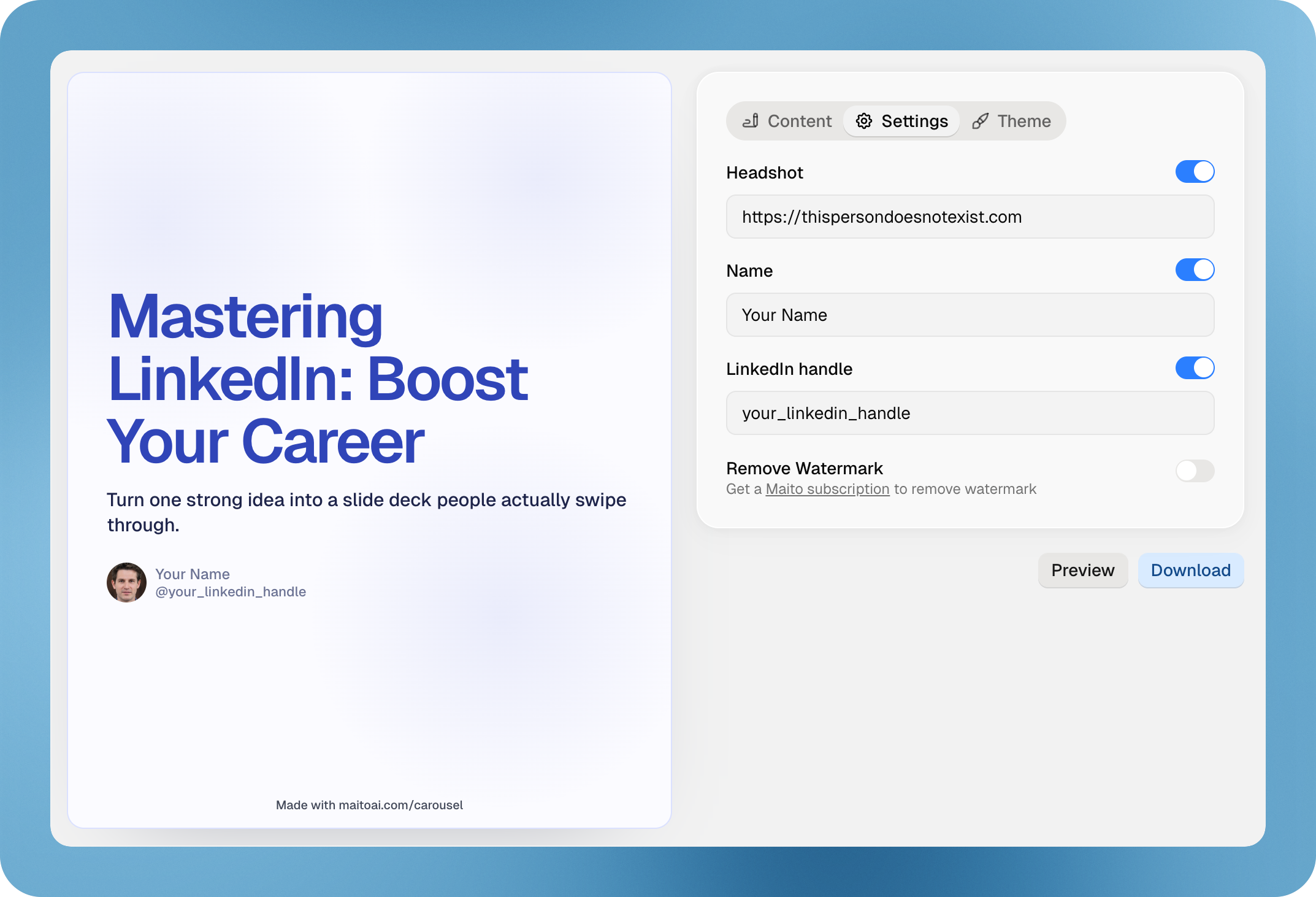 LinkedIn carousel preview mode on desktop in Maito