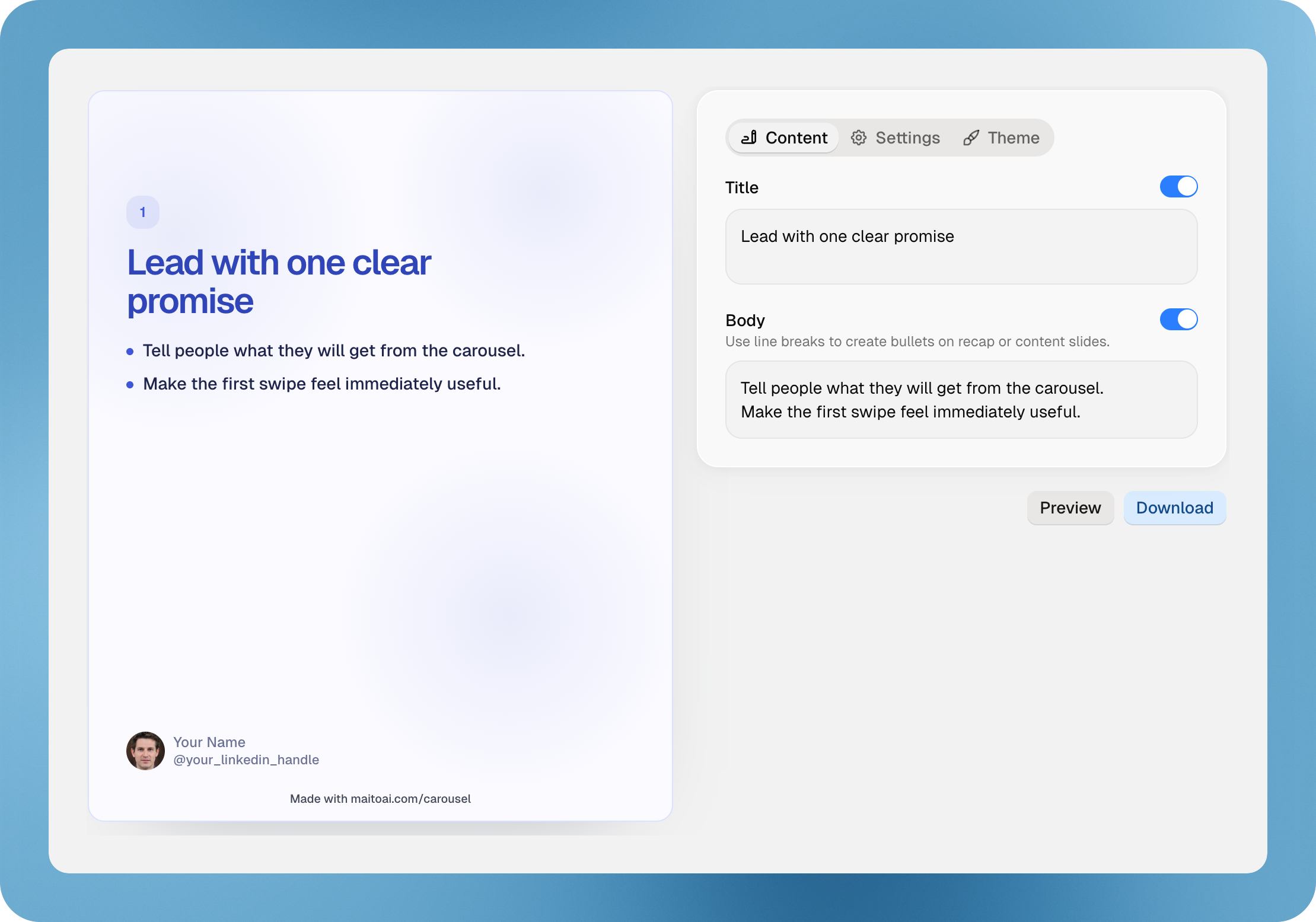 LinkedIn carousel builder editor view in Maito