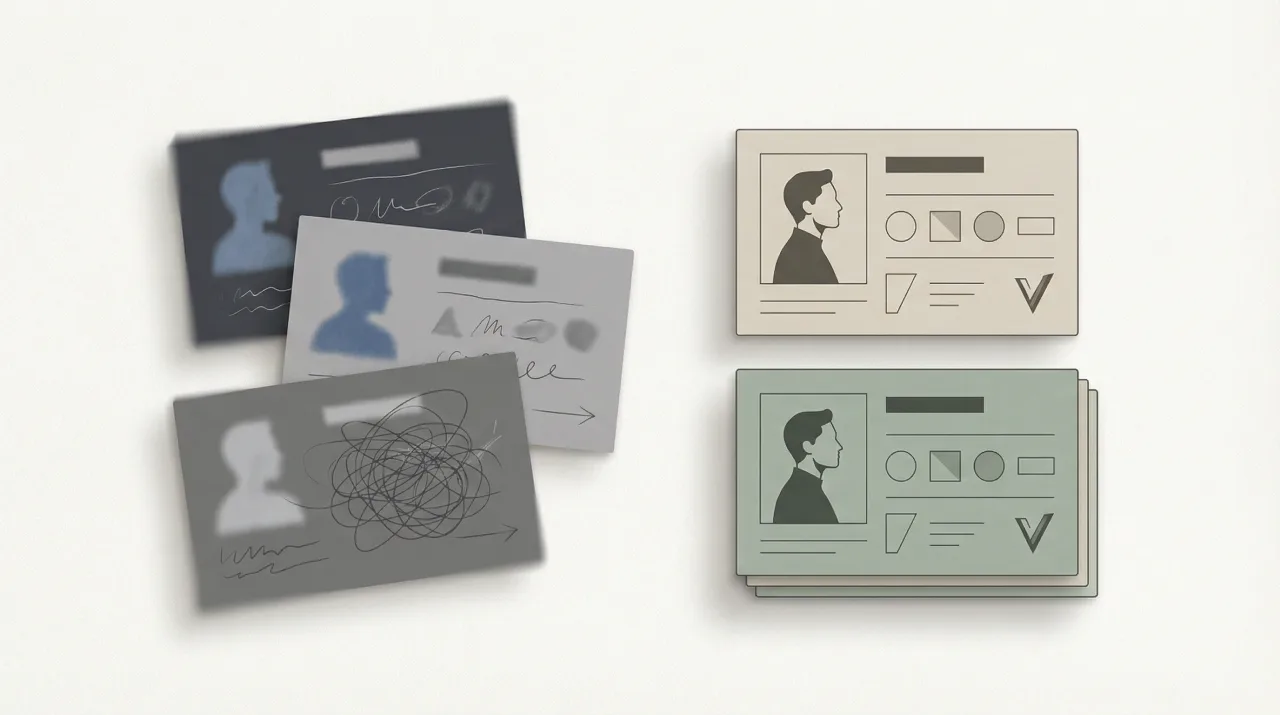 Editorial illustration showing the refinement from a vague personal brand statement to a clearer, more structured version.